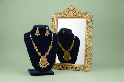 Golden Dhairya Temple Peacock Necklace Set