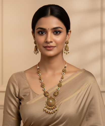 Golden Dhairya Temple Peacock Necklace Set