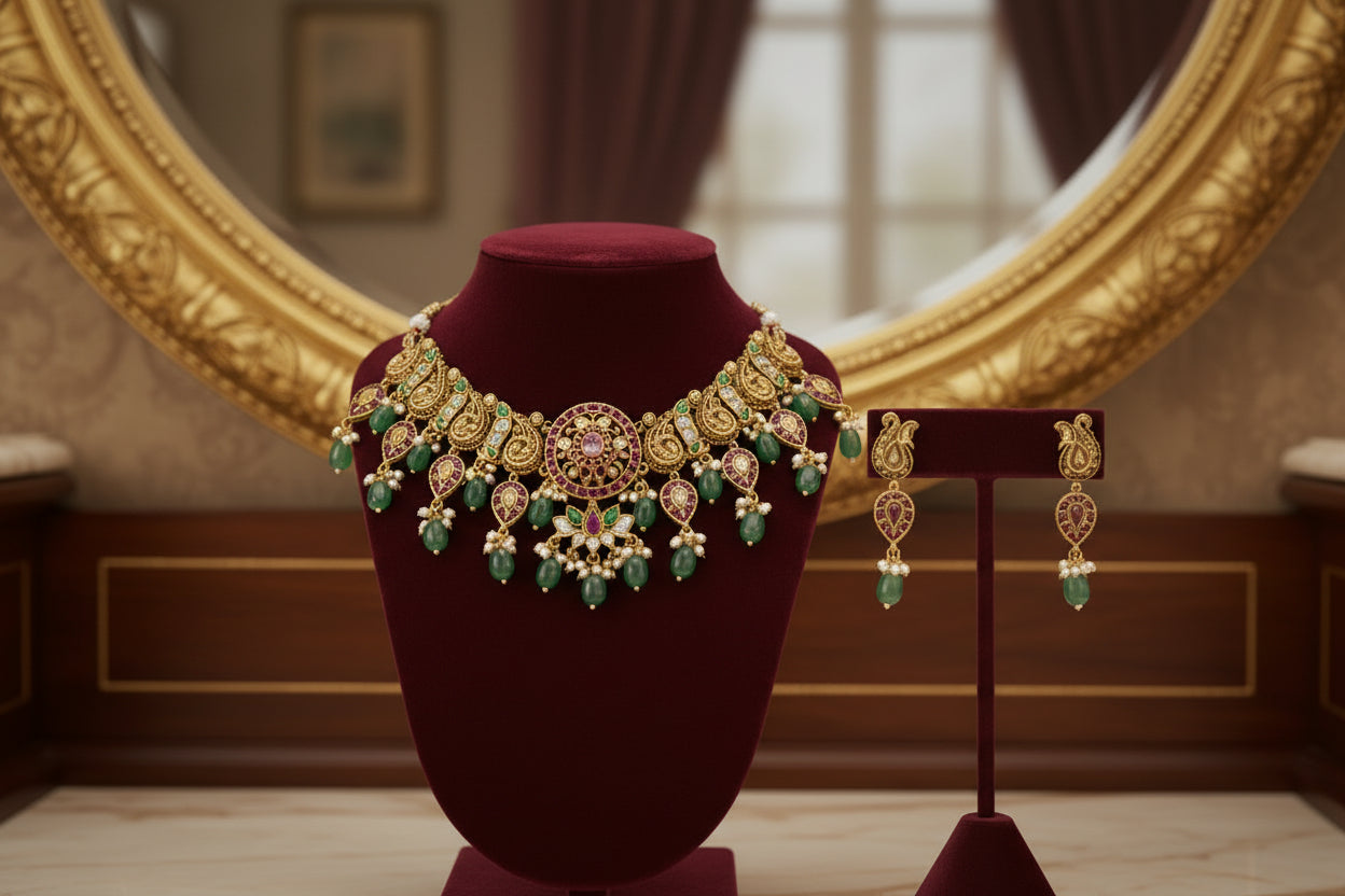 Ornate gold necklace with green gemstones on a light blue background