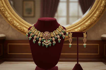 Ornate gold necklace with green gemstones on a light blue background