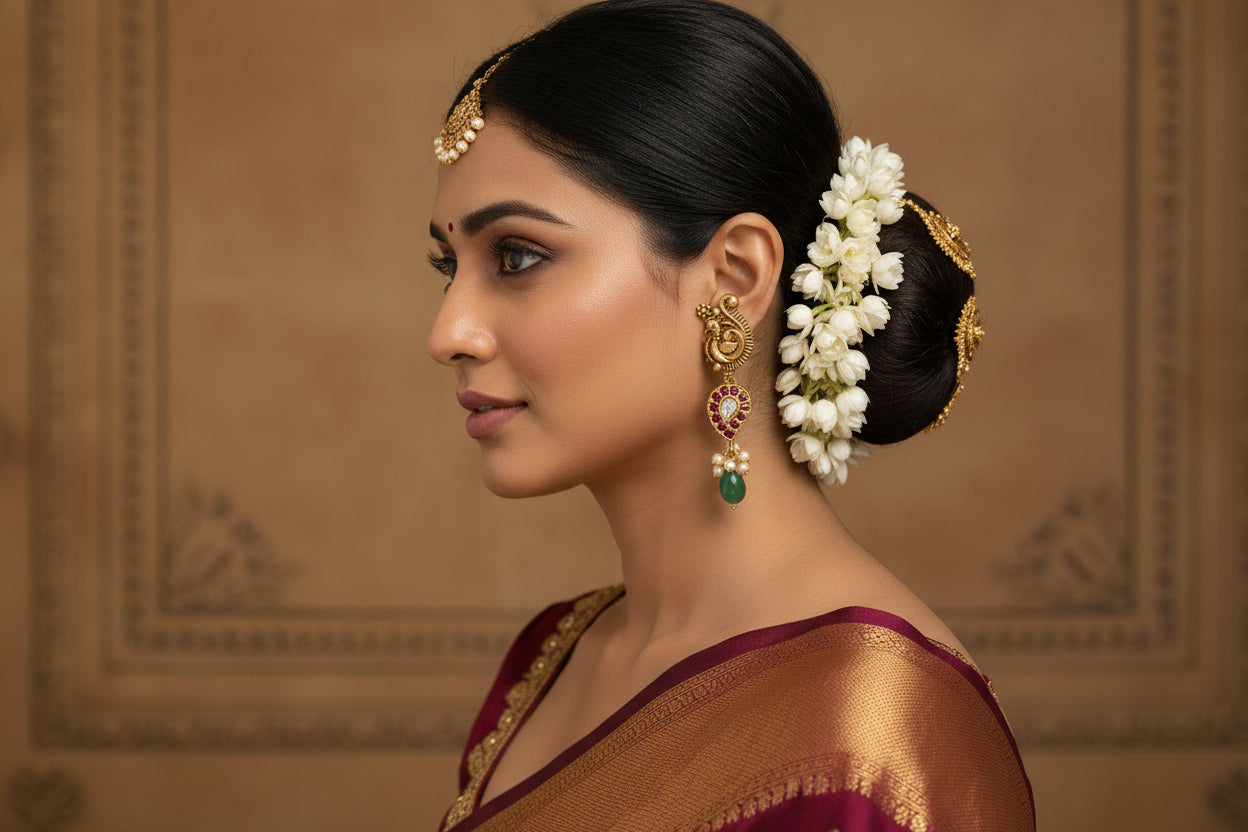 Pair of gold earrings with gemstones on a wooden stand against a beige background