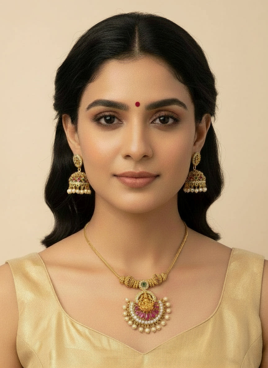 Gold necklace with pink gemstone and matching earrings on a white background