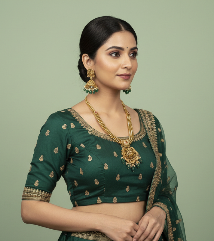 Woman wearing a green traditional outfit with gold details on a light green background