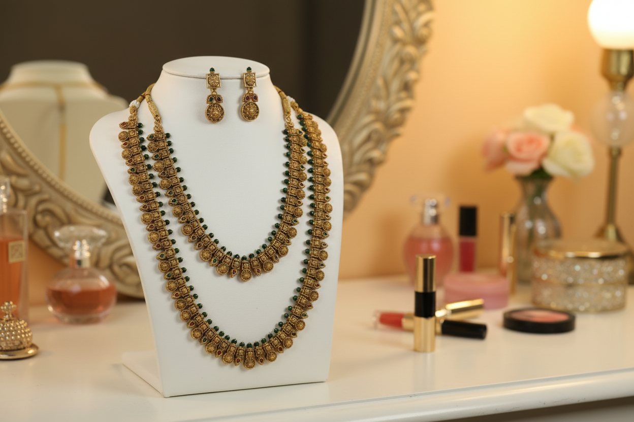 Gold necklace and earrings set on a white stand against a orange background