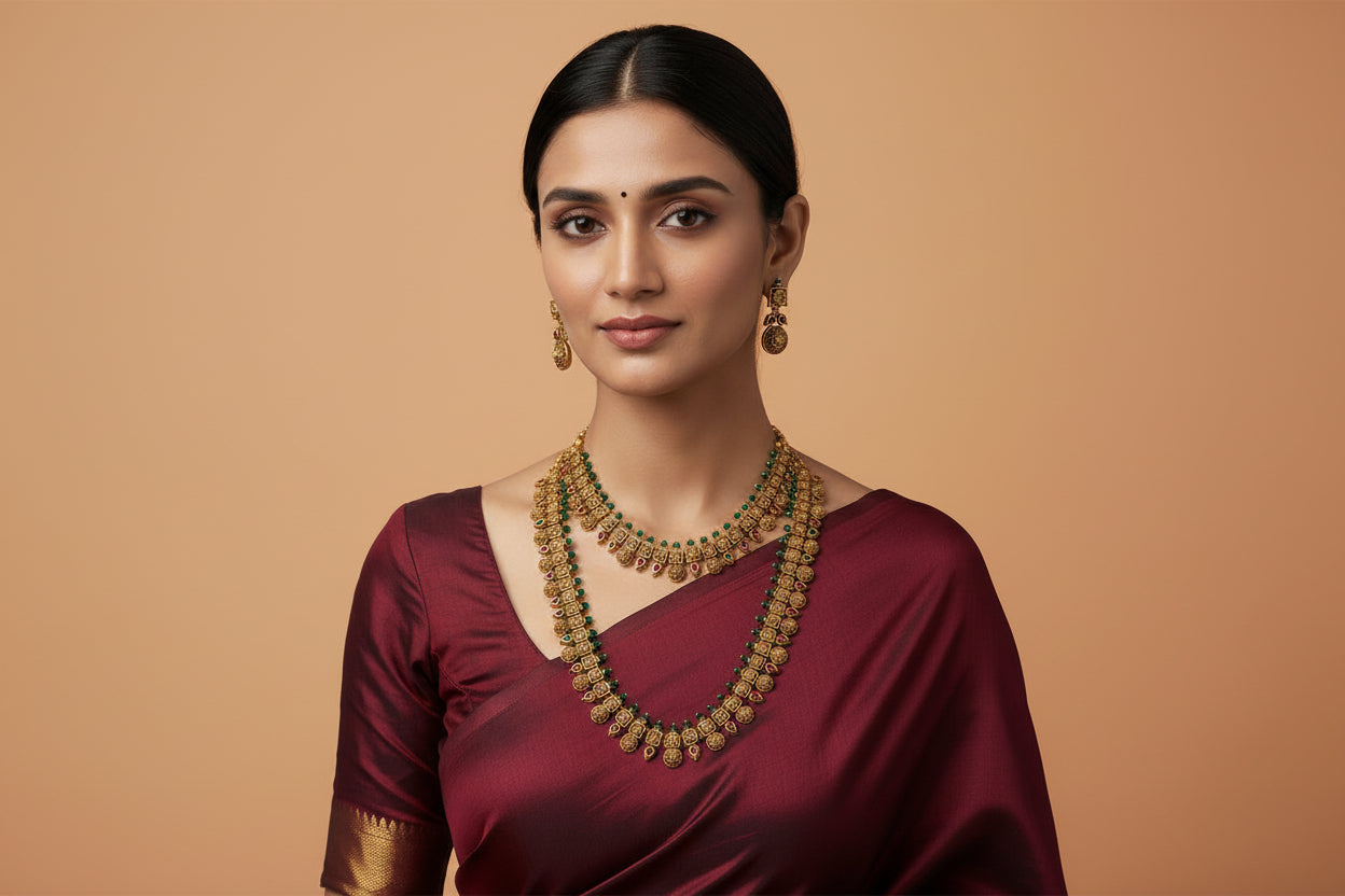 Woman wearing a maroon saree with gold jewelry on a orange background