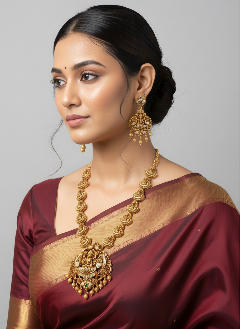 Woman wearing gold jewelry and a maroon saree against a gray background