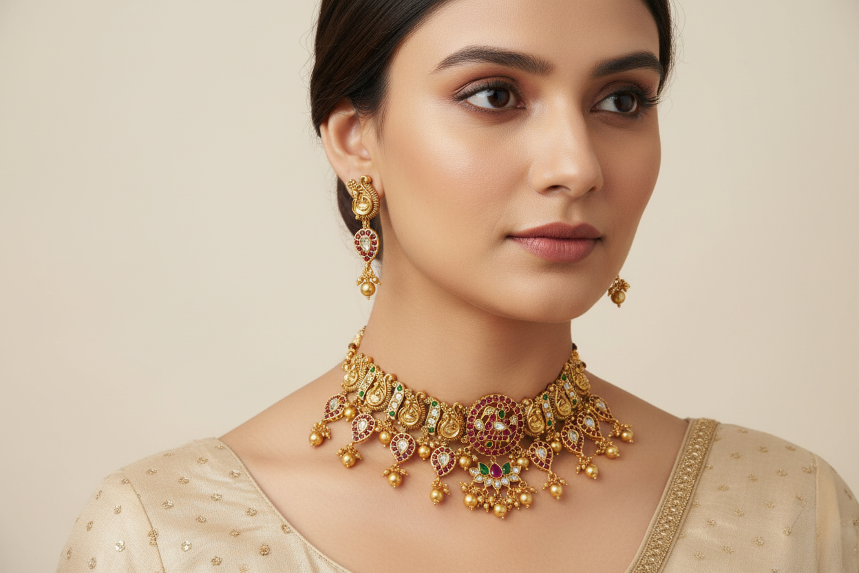 Woman wearing gold jewelry including a necklace and earrings on a beige background
