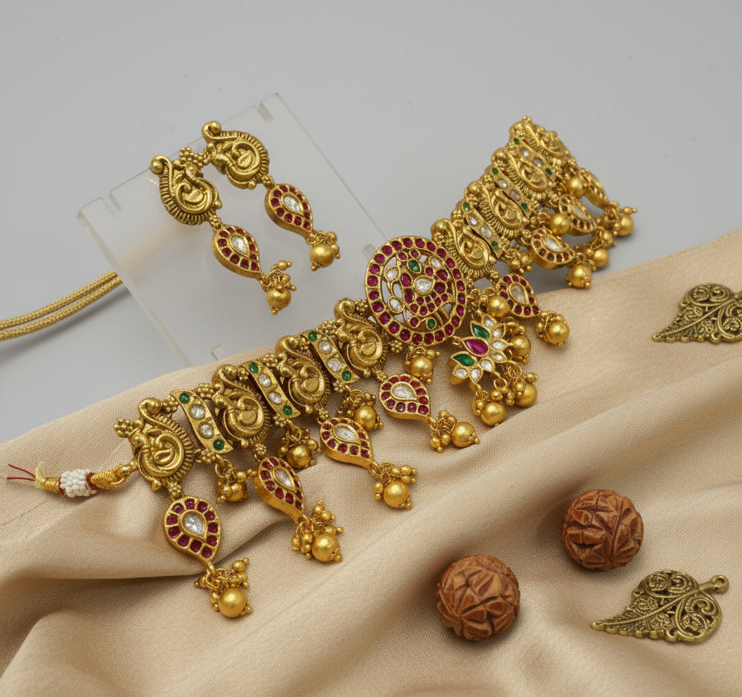 Gold jewelry set with earrings and necklace on a beige fabric background