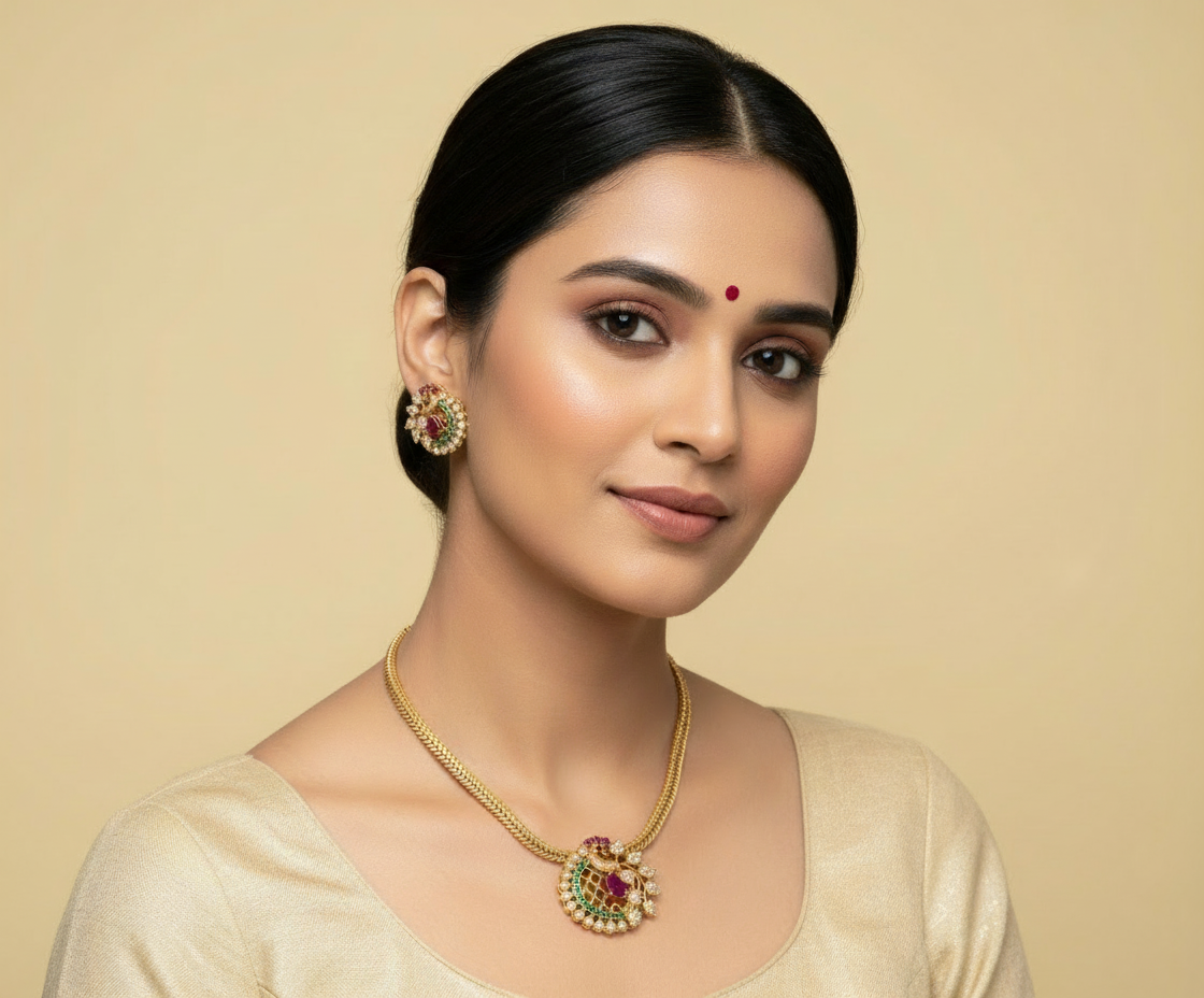 Gold necklace and earrings held in a hand with 'Nk-30' label in the corner.