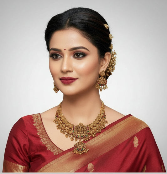 Ornate gold necklace and earrings set with red and green stones on a white background