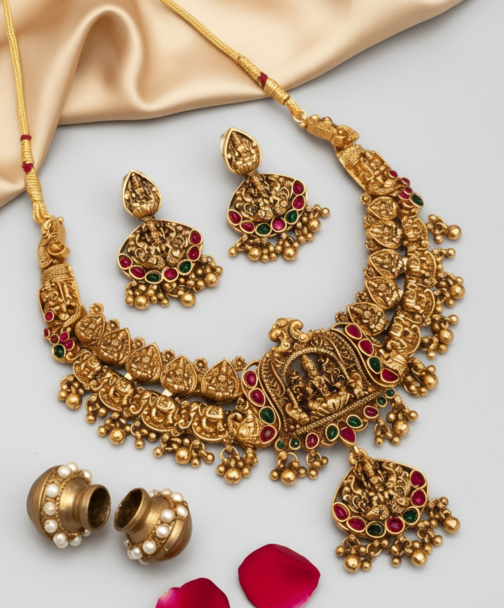 Gold necklace and earrings on a white background