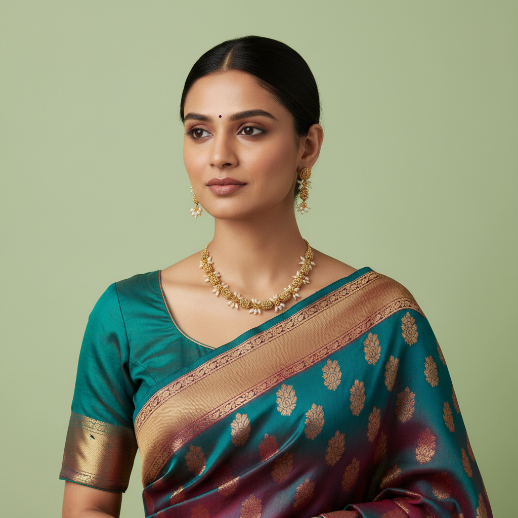 Woman wearing a traditional saree with gold jewelry against a green background