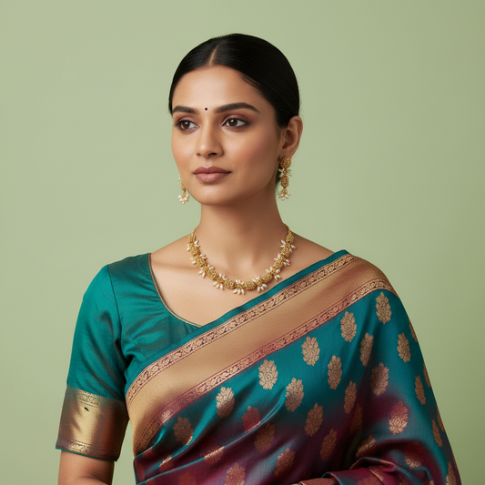 Woman wearing a traditional saree with gold jewelry against a green background
