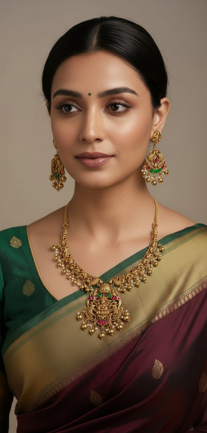 Woman wearing traditional jewelry and a saree against a neutral background