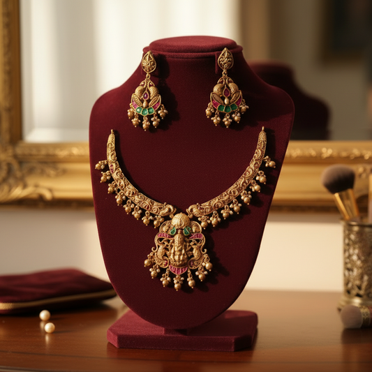 Gold necklace and earrings set on a maroon stand with a gray background