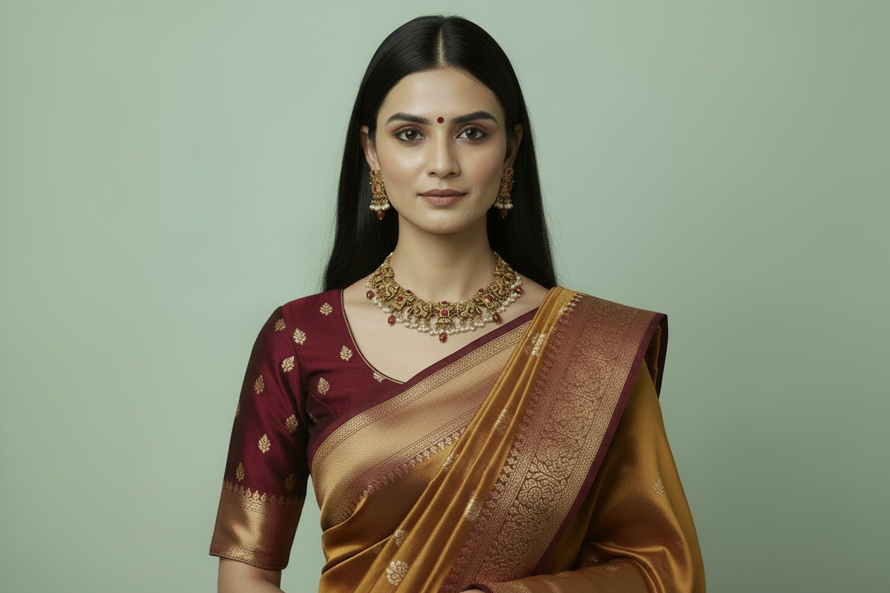 Woman wearing a maroon traditional outfit with gold jewelry against a green background