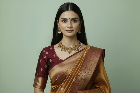 Woman wearing a maroon traditional outfit with gold jewelry against a green background