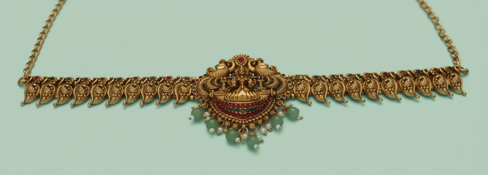 Gold hip belt on a light blue fabric background