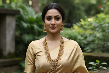 Woman in traditional attire with jewelry against a natural background
