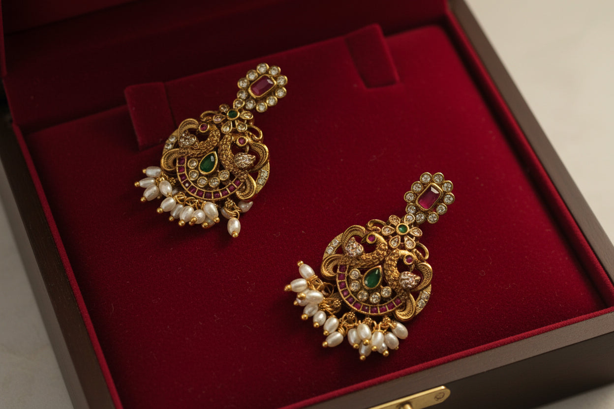 Ornate gold earrings with gemstones on a red velvet surface