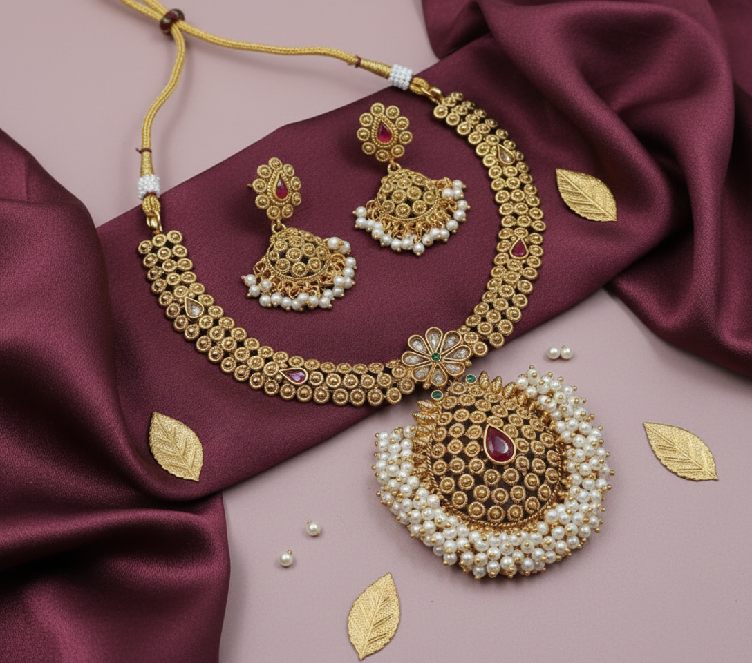 Gold necklace with pendant and earrings on a brown fabric background