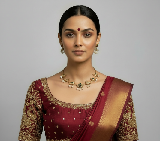 Woman wearing a traditional maroon saree with gold patterns and jewelry on a gray background
