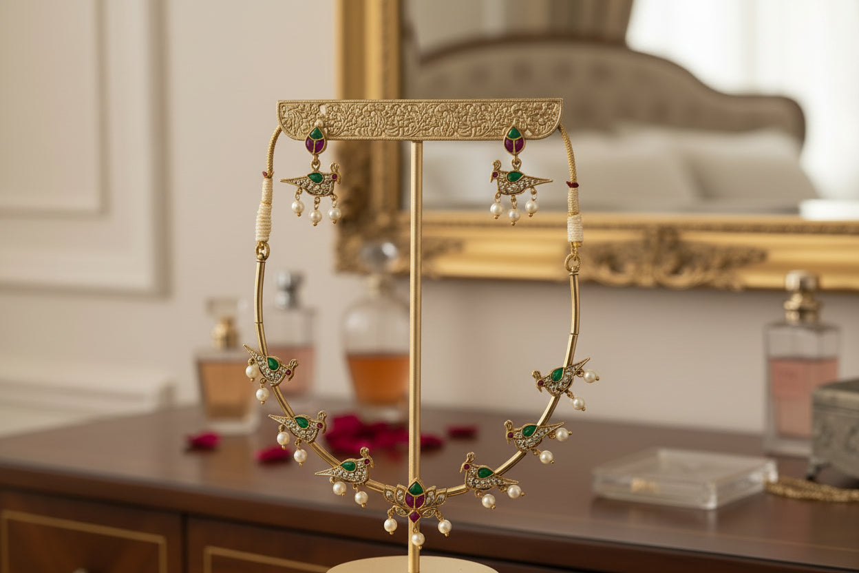 Gold necklace with emeralds and pearls on a gold stand against a beige background