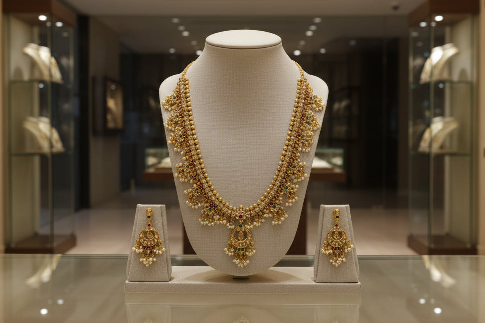 Gold necklace and earrings set on a mannequin bust with a beige background