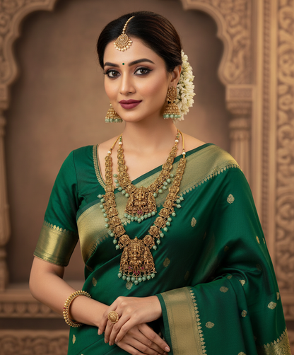 Woman in a green saree with gold jewelry against an ornate background