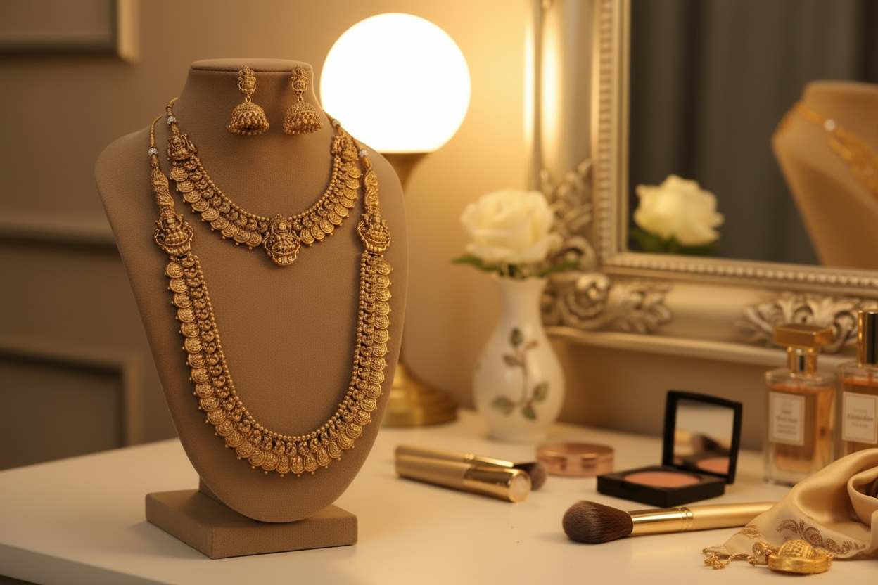 Gold necklace and earrings set on a mannequin bust against a beige background