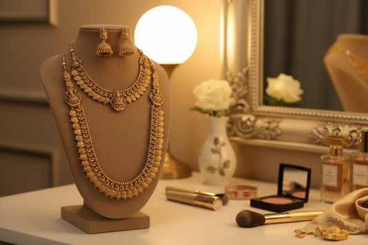 Gold necklace and earrings set on a mannequin bust against a beige background