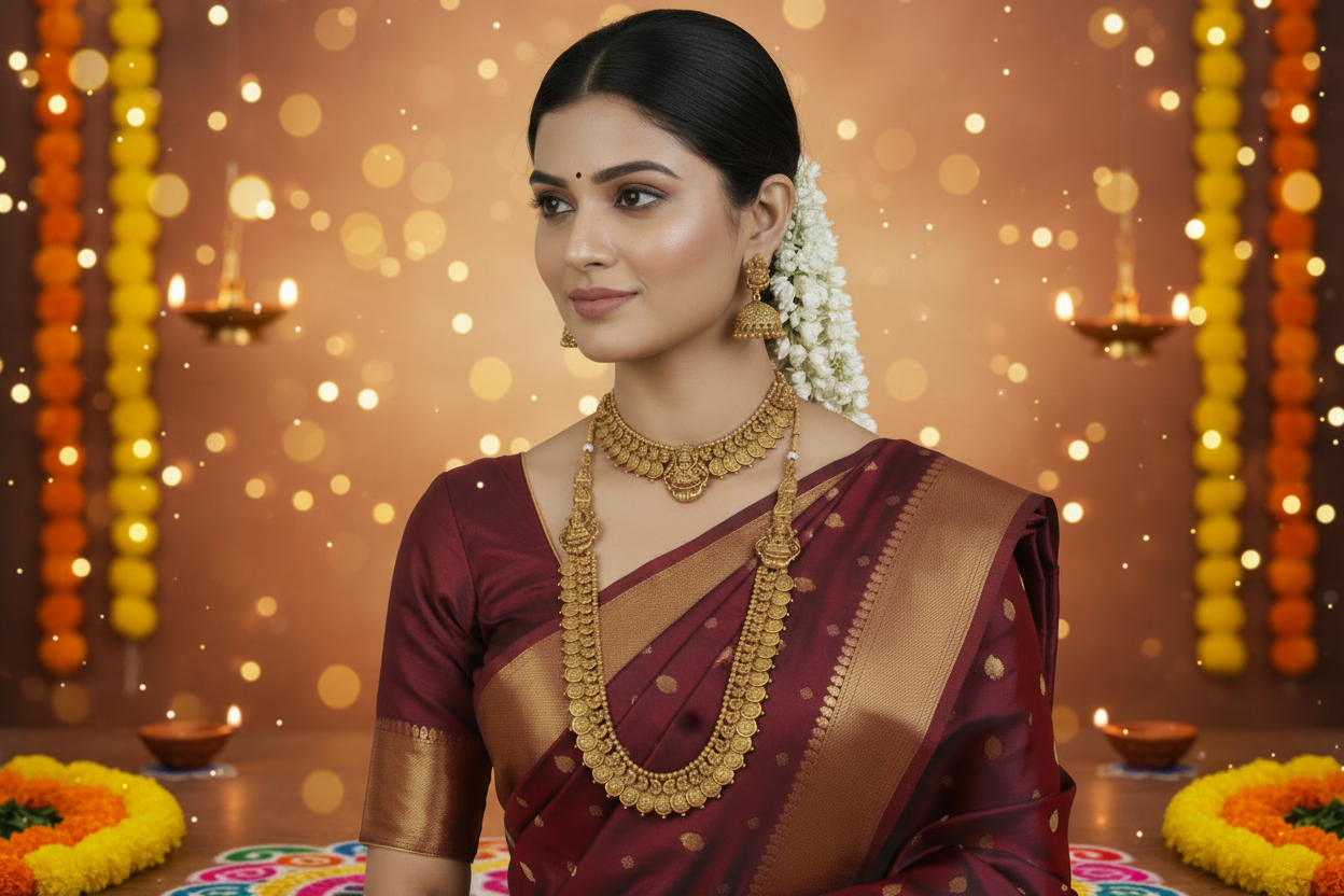 Woman wearing traditional maroon saree with gold jewelry against a beige background