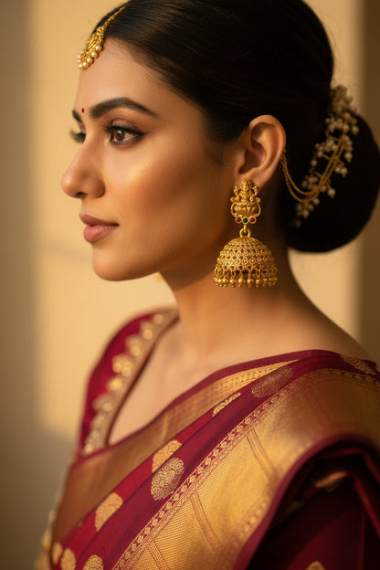 Gold earrings on a white stand with a white background