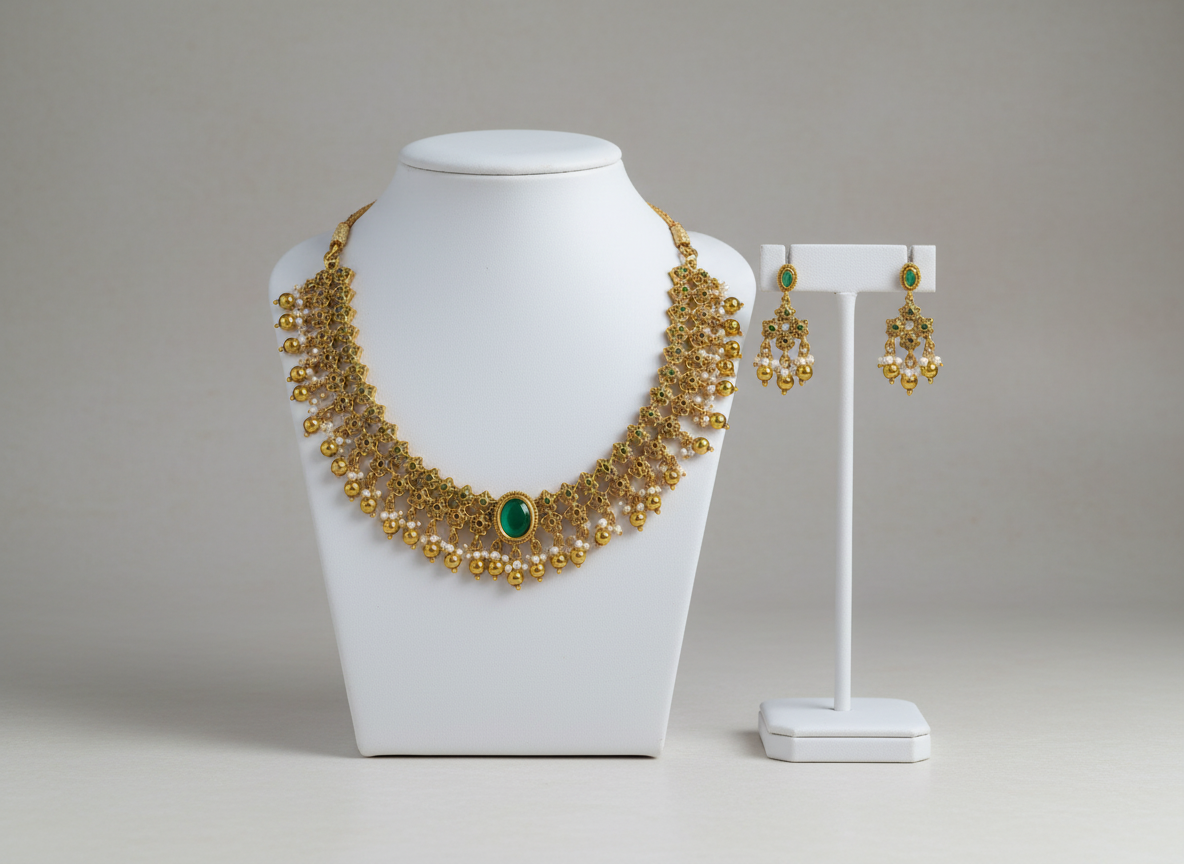 Gold necklace with green stones on a white mannequin bust, accompanied by gold earrings on a stand.