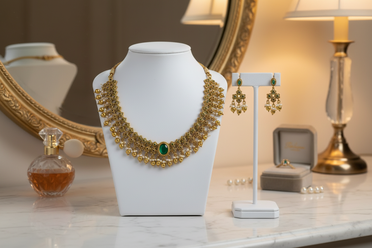 Gold necklace with green stones on a white mannequin bust, accompanied by gold earrings on a stand.