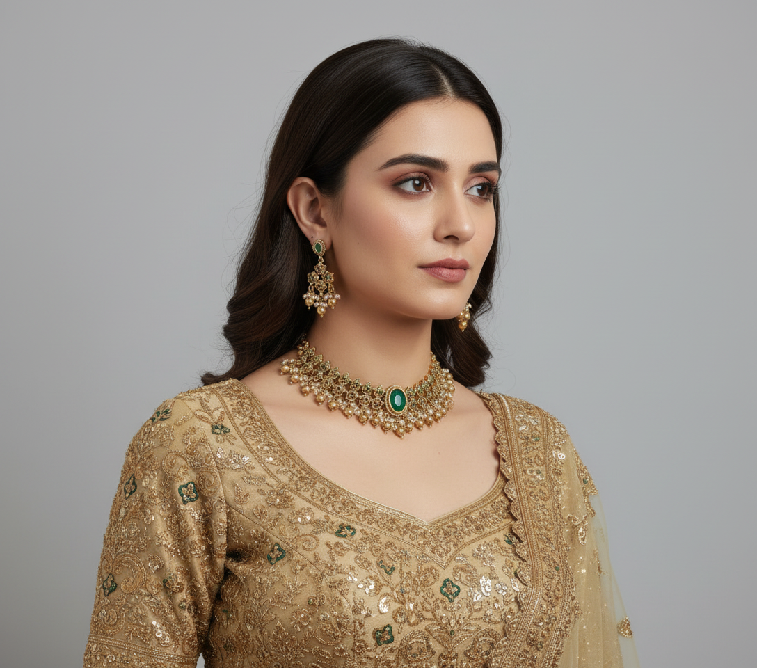 Woman wearing gold jewelry with a plain background