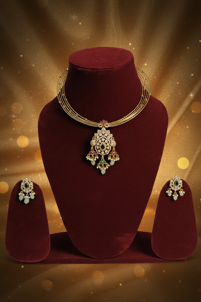Elegant multi-strand pendant necklace set in antique gold finish, featuring a central motif with pink and green stones, white accents, and pearl hangings—evoking timeless South Indian bridal charm.