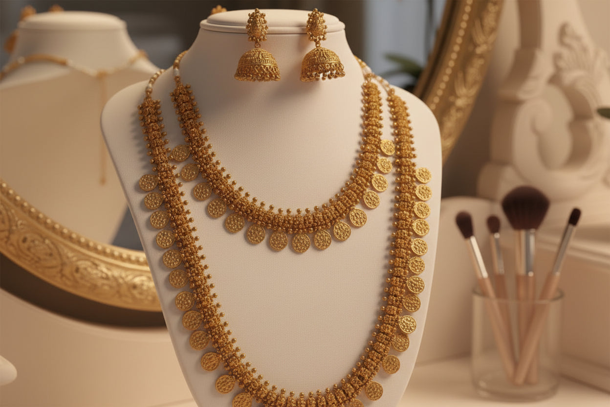 Gold necklace and earrings set on a white mannequin bust against a pink background
