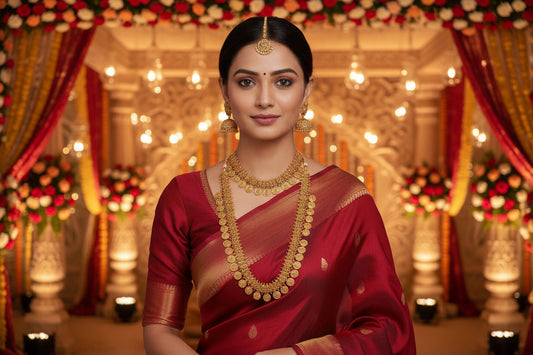 Woman wearing a red saree with gold jewelry on a pink background