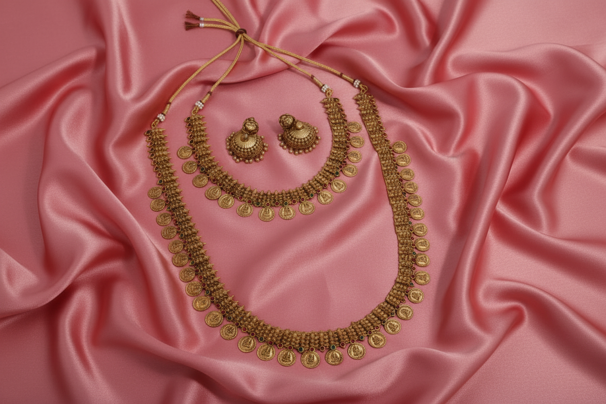 Gold necklace and earrings on a pink satin fabric