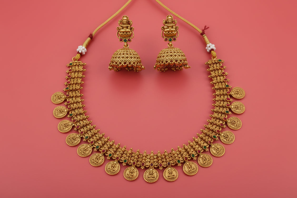 Gold necklace and earrings on a red background