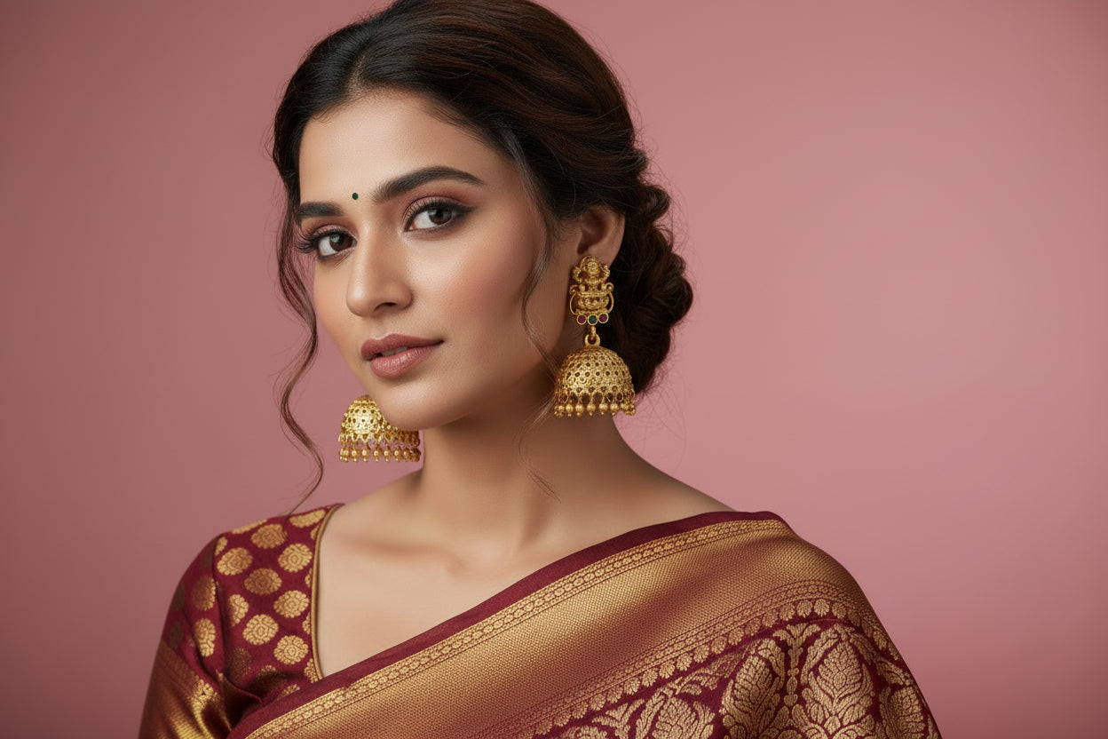 Gold earrings on a pink background