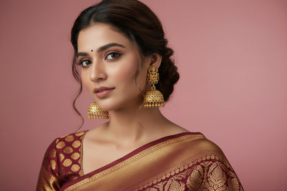 Gold earrings on a pink background