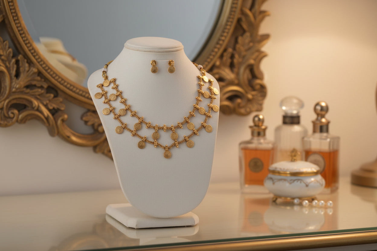 Gold necklace and earrings on a gray background