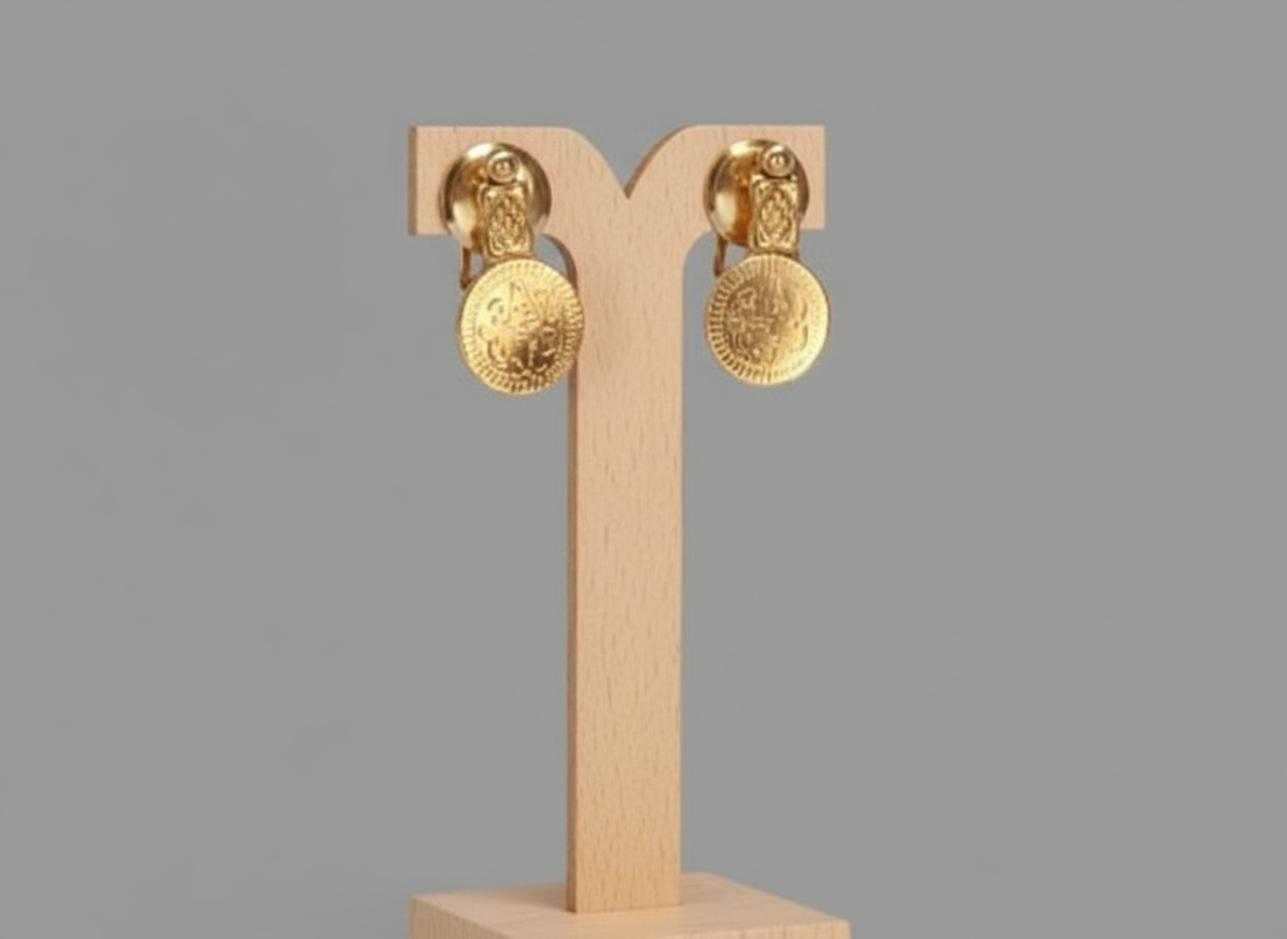 Gold earrings on a wooden display stand against a gray background