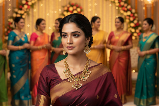 Gold necklace with gemstones and matching earrings on a gray background