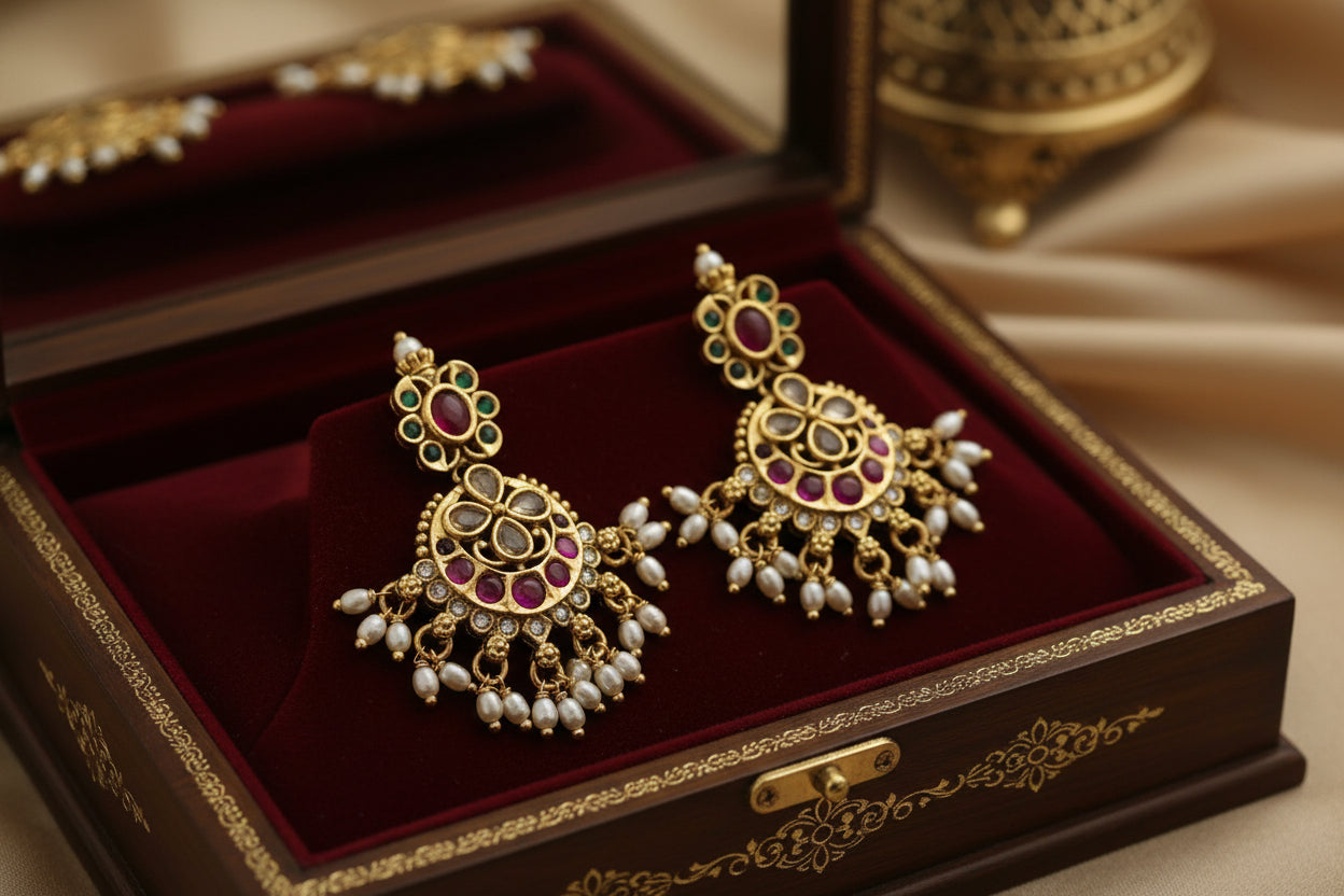 Pair of gold earrings with gemstones and pearls on a wooden surface