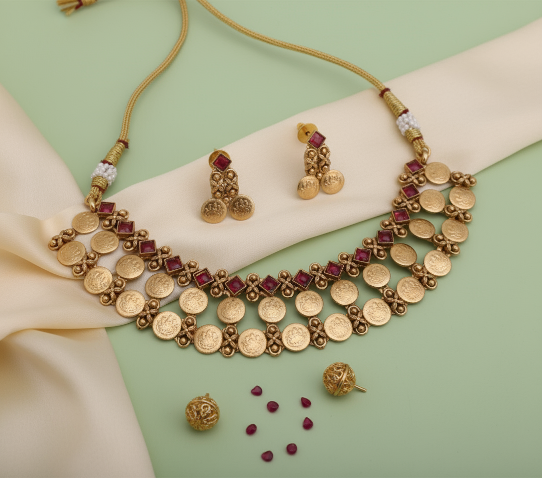 Gold necklace with red stones and matching earrings on a beige fabric background, featuring the NK Plus brand.