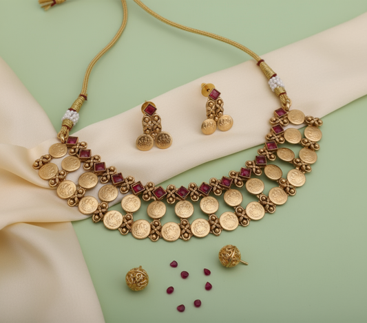Gold necklace with red stones and matching earrings on a beige fabric background, featuring the NK Plus brand.