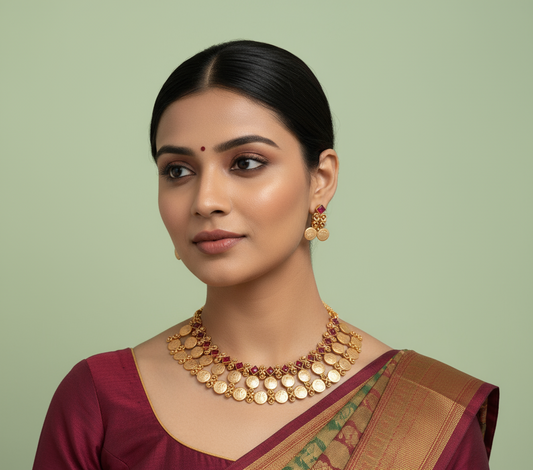 Woman wearing gold jewelry against a green background